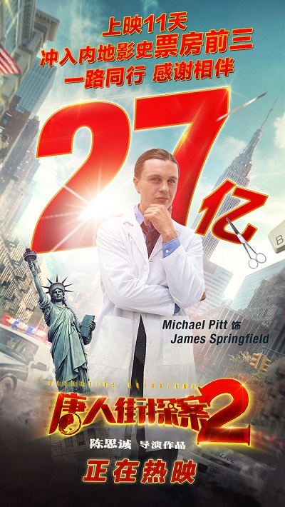 《唐人街探案2》破27亿 成内地影史票房第三位